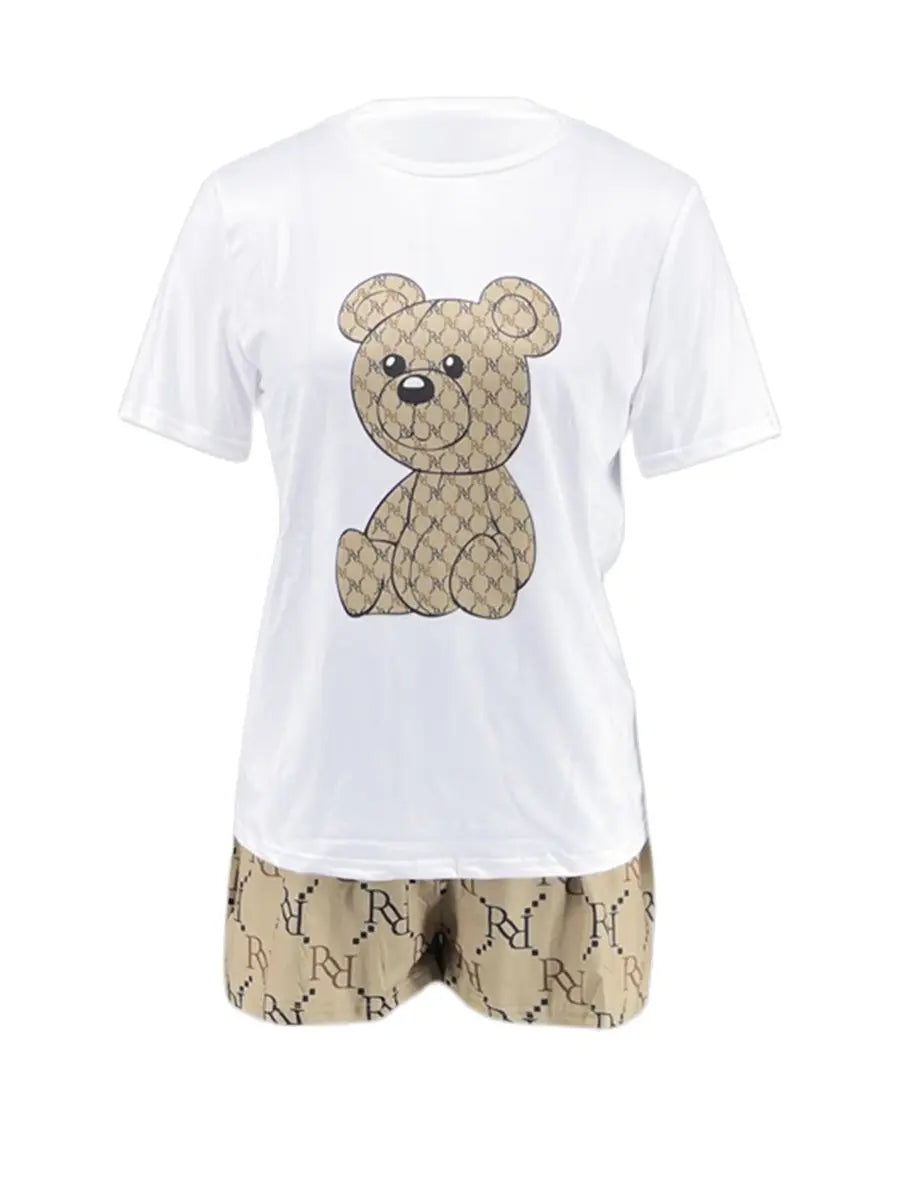 Geometric Bear Print Shorts Set O Neck Short Sleeve T-shirt Mixed Print Hipster Bottoms 2pcs /