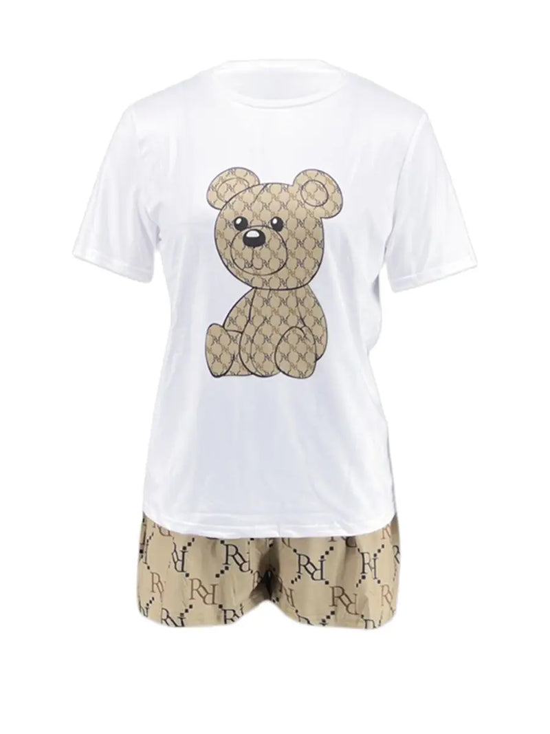 Geometric Bear Print Shorts Set O Neck Short Sleeve T-shirt Mixed Print Hipster Bottoms 2pcs /