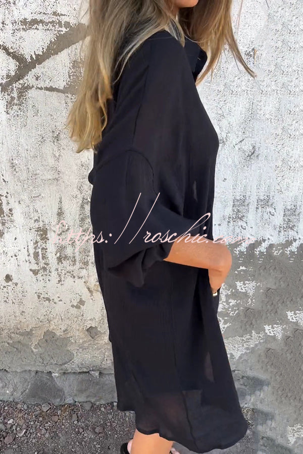 Color Lapel Long Shirt and Elastic Waist Loose Pocket Shorts Set