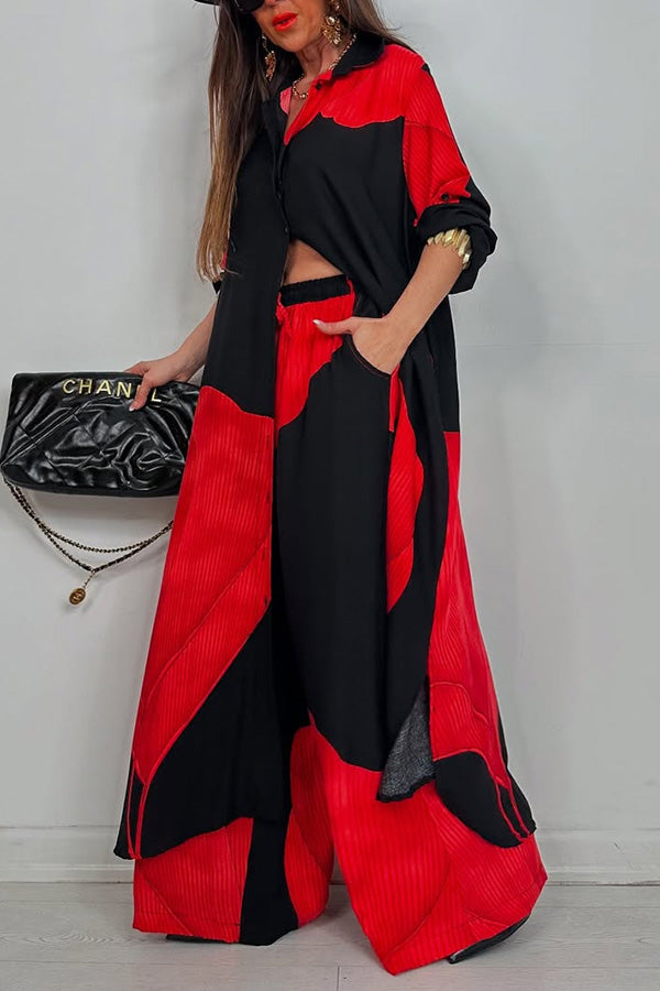 Unique Printed Loose Long Shirt and Elastic Waist Pocket Wide Leg Pants Set