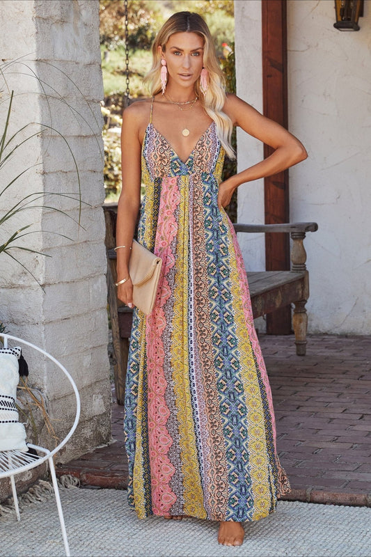 V-neck Backless Print Cami Maxi Dress