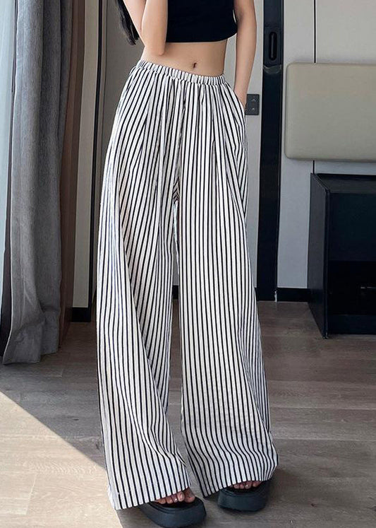New White Striped Pockets High Waist Cotton Pants Summer Nn011