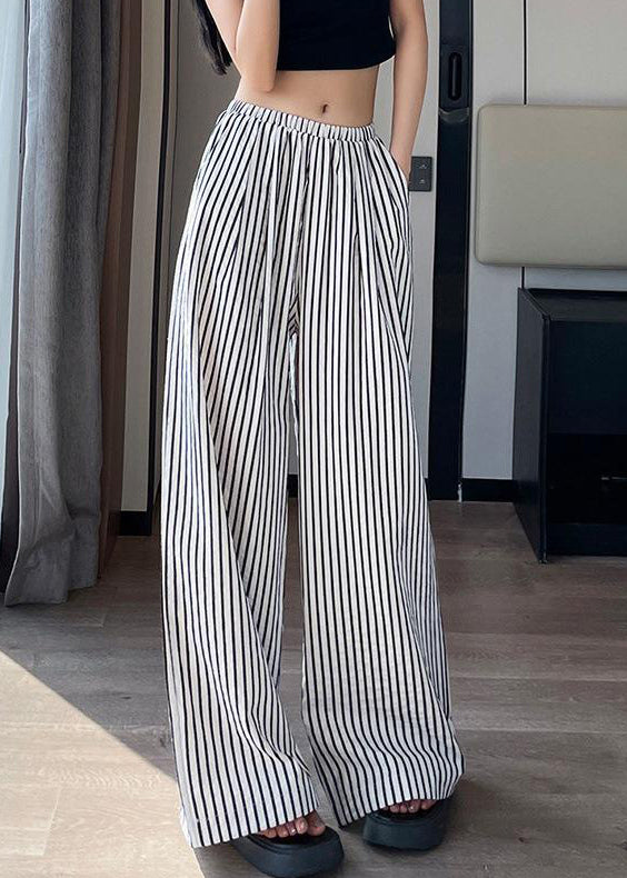 New White Striped Pockets High Waist Cotton Pants Summer Nn011