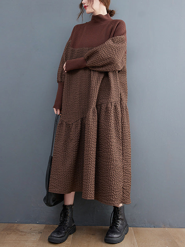 Long Sleeves Loose Split-joint Jacquard High-neck Sweater Dresses