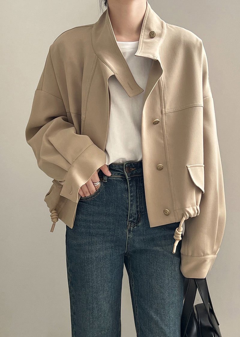 Khaki Stand Collar Drawstring Cotton Coat Outwear Fall Af1013