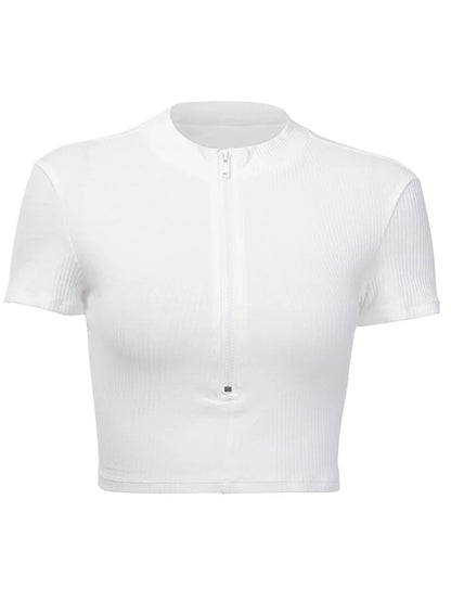 New Slim Fit Zipper T-shirt Female Bustier Corset Tops High Neck Crop Top Tee Shirt White