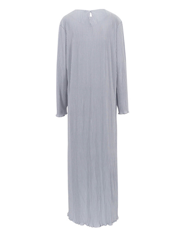 Long Sleeves Loose Pleated Color Round-neck Maxi Dresses
