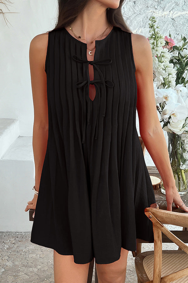 Color Sleeveless Tie Pleated Mini Dress