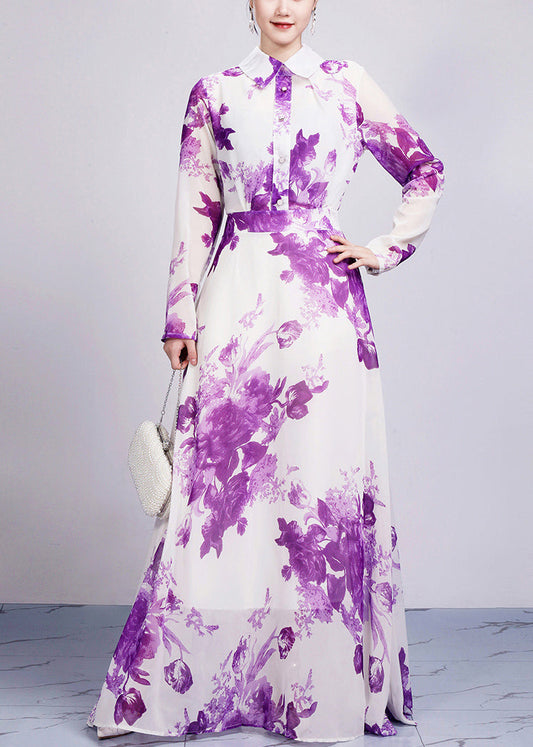 Purple Peter Pan Collar Print Chiffon Maxi Dresses Long Sleeve Ar1029