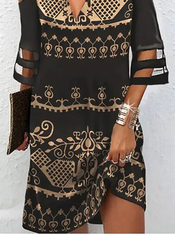 Half Sleeves Loose Hollow Mesh Printed Split-joint Cold Shoulder Mini Dresses