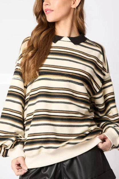 Striped Lapel Long-sleeved Top Loose Sweatshirt