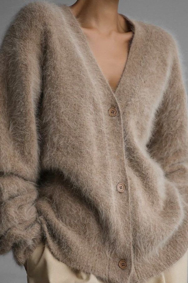 V Neck Soft Mink Fleece Loose Knit Cardigan