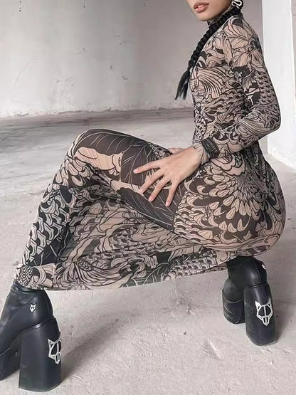 Long Sleeves Skinny Printed See-through Split-joint High Neck Evening Dresses Maxi Dresses
