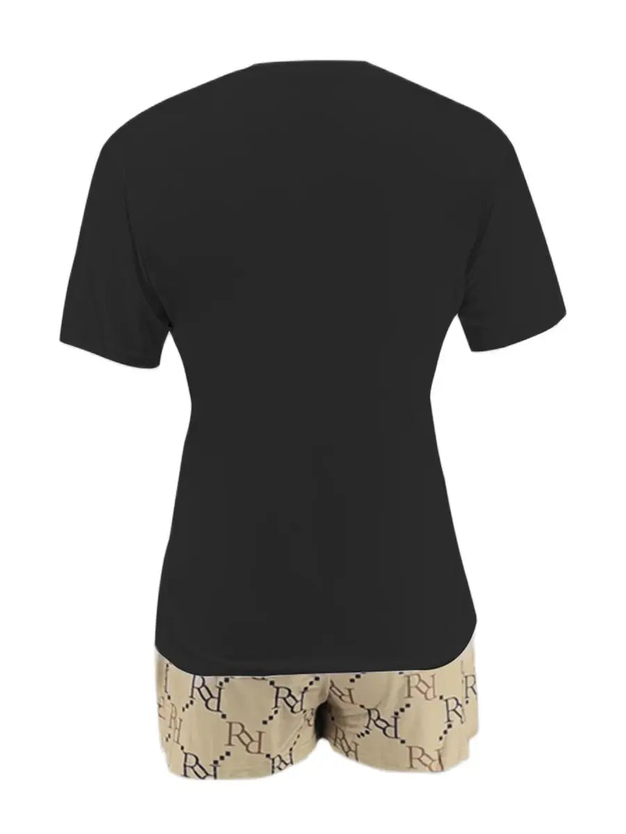 Geometric Bear Print Shorts Set O Neck Short Sleeve T-shirt Mixed Print Hipster Bottoms 2pcs /