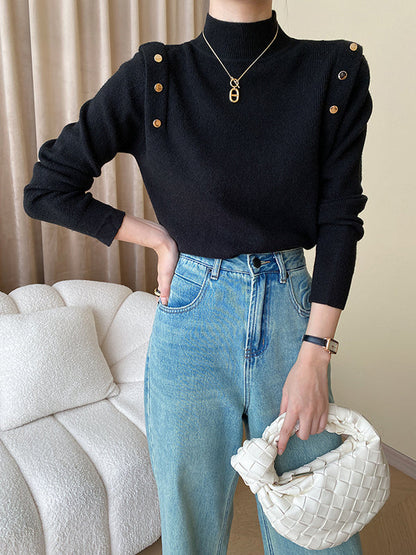 Grey High-neck Buttoned Decor Long Sleeve Knit Sweater An1050