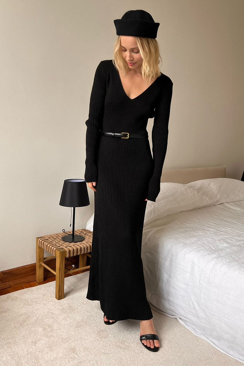V-neck Long Sleeve Knit Sweater Dress