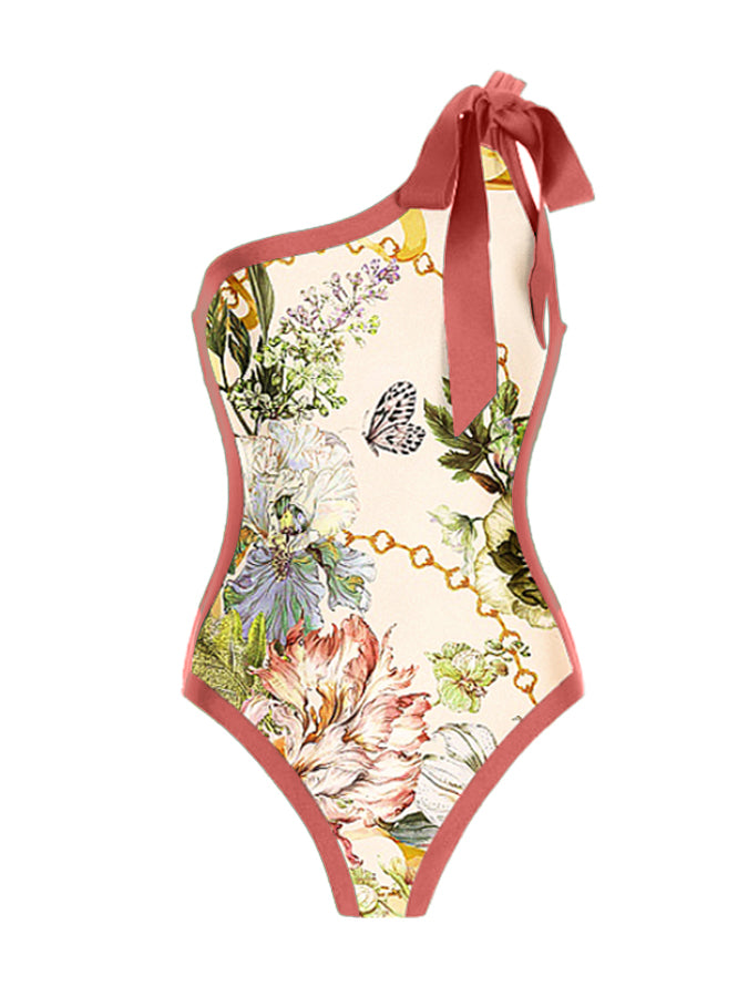 One Shoulder Print One Piece Swimsuit and Skirt