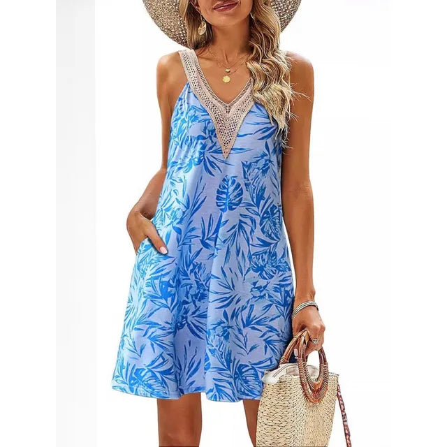 Summer Print Vest Dresses Lace Patchwork V-neck Beach Vacation Mini Dress Lady Commuting Clothing Vestidos