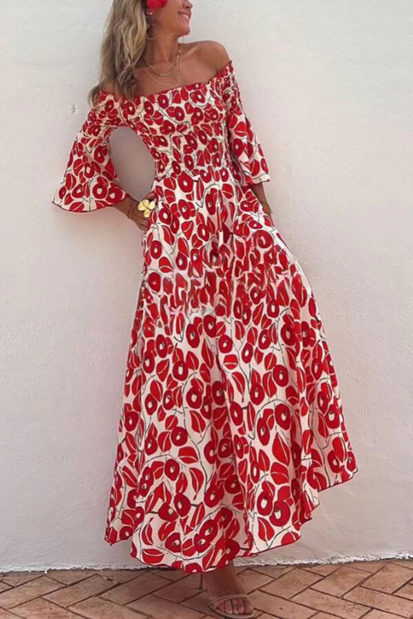 Close to the Vacation Print Smocked Off Shoulder Pocketed Maxi Dress