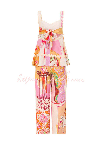 Carina Linen Blend Ric Rac Trims Unique Print Tank and Elastic Waist Loose Pants Set