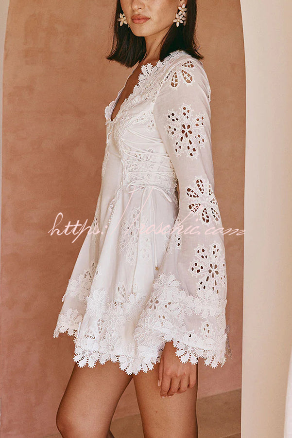 Diaz Embroidery Hollow Fabric Delicate Flower Trim Long Sleeve Side Lace-up Mini Dress