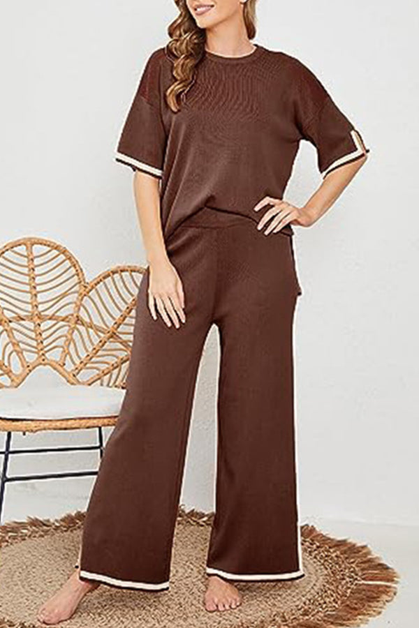 Lounge or Wear Knit Patchwork Color Block Short Sleeve Top and Elastic Wide Leg Pants