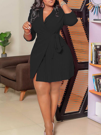Three-quarter Sleeves Pleated Color Split-front Tied Waist V-neck Mini Dresses