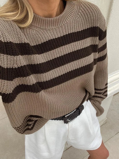 Striped Knitwear Top Female Loose Autumn High Waist Contrast Knit Sweater Slim Patchwork Pullover