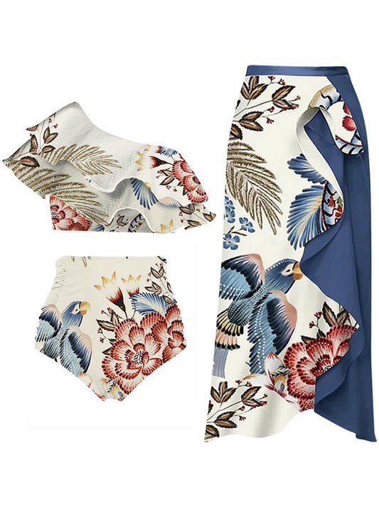 Ruffle Printed Bikini Swimsuit and Skirt
