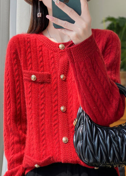 Style Beige O Neck Pockets Button Woolen Cardigans Winter Ry017