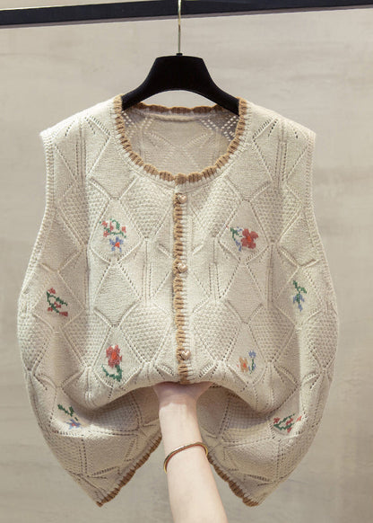 Unique Beige O-neck Embroidered Cotton Knit Waistcoat Fall Qp013