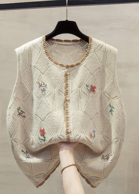 Unique Beige O-neck Embroidered Cotton Knit Waistcoat Fall Qp013