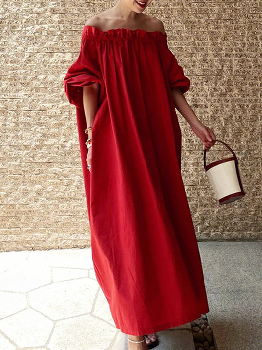 Half Sleeves Loose Elasticity Pleated Color Off-the-shoulder Maxi Dresses