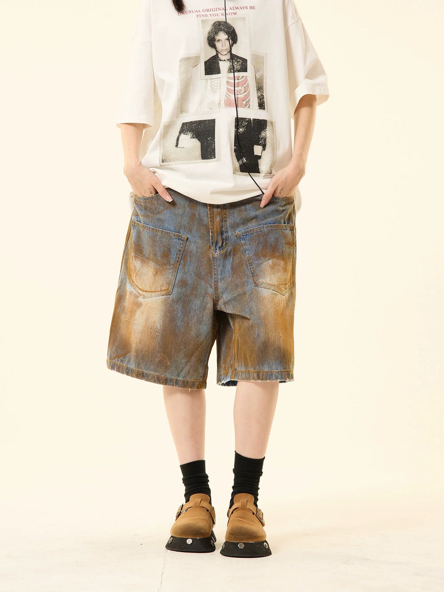 Distressed Denim Oversized Pocket Shorts