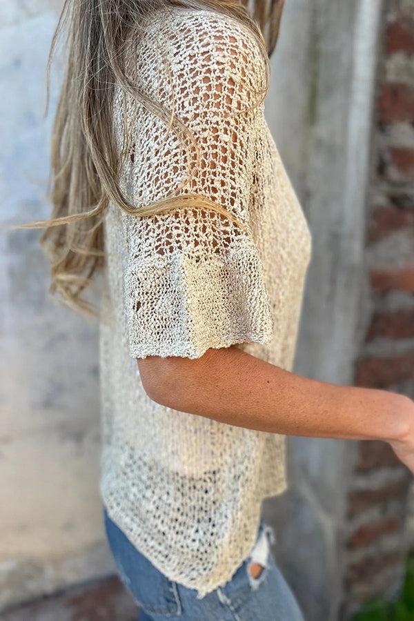 Color Hollow Sleeve V-neck Button Knitted Cardigan