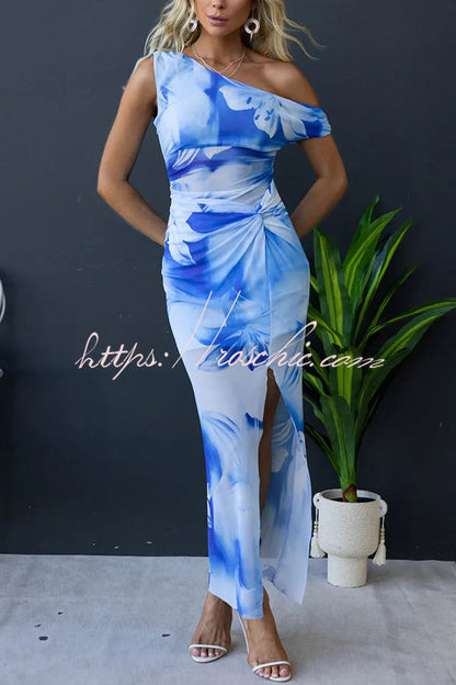 Escala Mesh Overlay Print One Shoulder Cross Detail Slit Stretch Maxi Dress