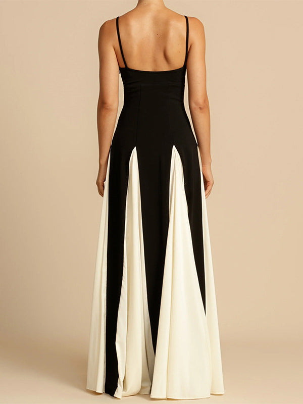 High Waisted Sleeveless Backless Contrast Color Pleated Split-joint Spaghetti-neck Maxi Dresses