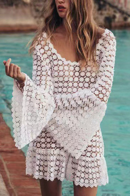 Backless Bell Sleeve Holiday Cover-up Mini Dress