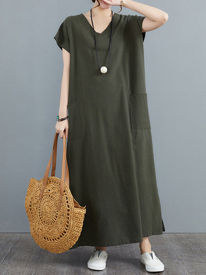 Simple Ramie Cotton Color Split-side With Pocket V-neck Short Sleeves Maxi Dress