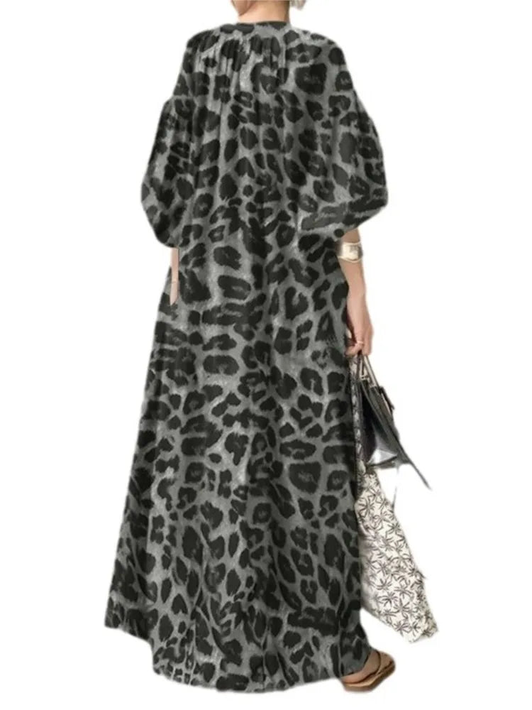 Leopard Print Long Dresses Temperament V-neck Puff Sleeves Loose Dress Style Vestidos Spring New