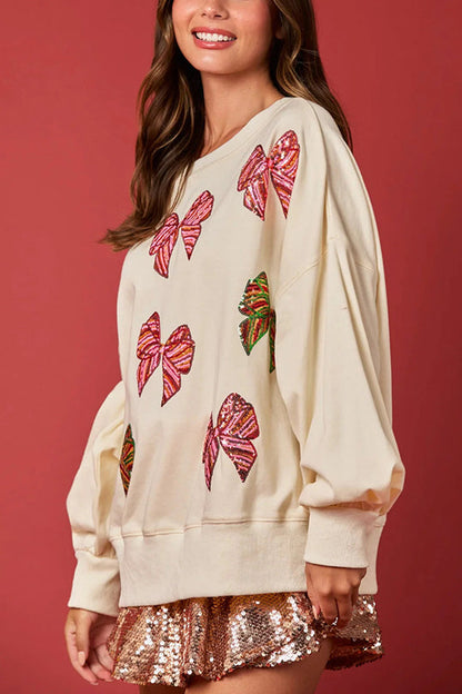 Christmas Bow Sequin Loose Long Sleeve Sweatshirt