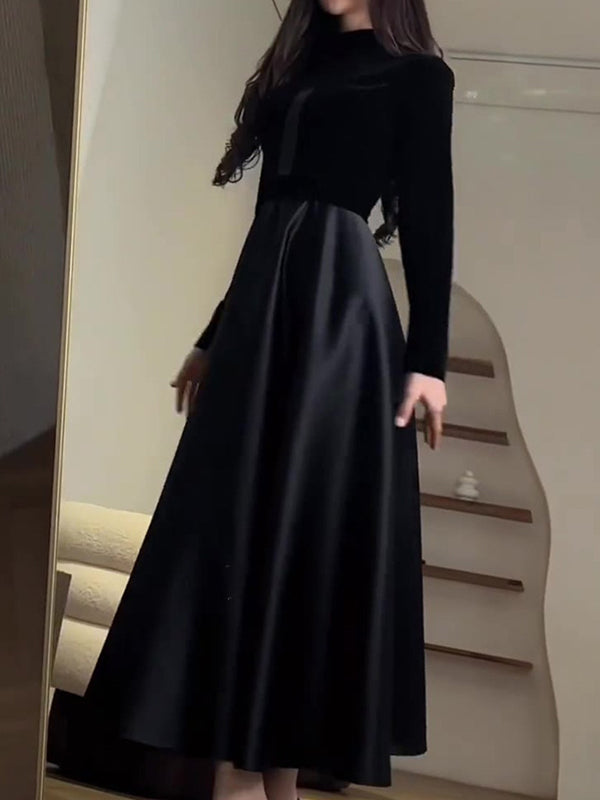 A-line Long Sleeves Pleated Split-joint Zipper Mock Neck Maxi Dresses