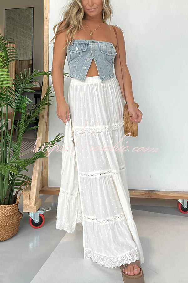 Lace Splicing Elastic Waist Loose High Slit Maxi Skirt