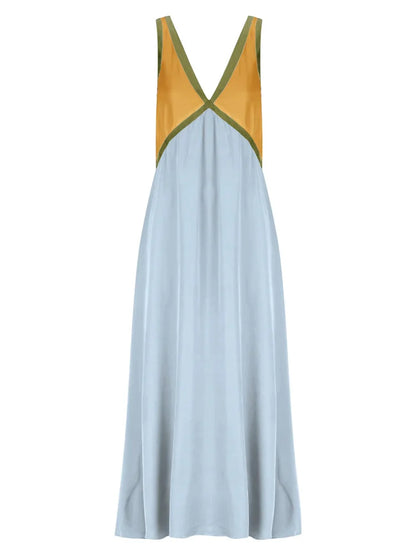 Patchwork V-neck Strapless Maxi Dress – Sleeveless Spring Party Dress