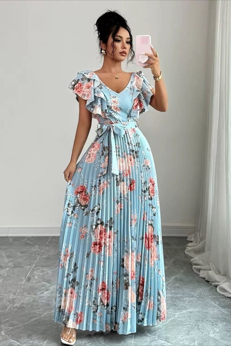 Print Ruffle Sleeve V Neck Pleated Maxi Dress