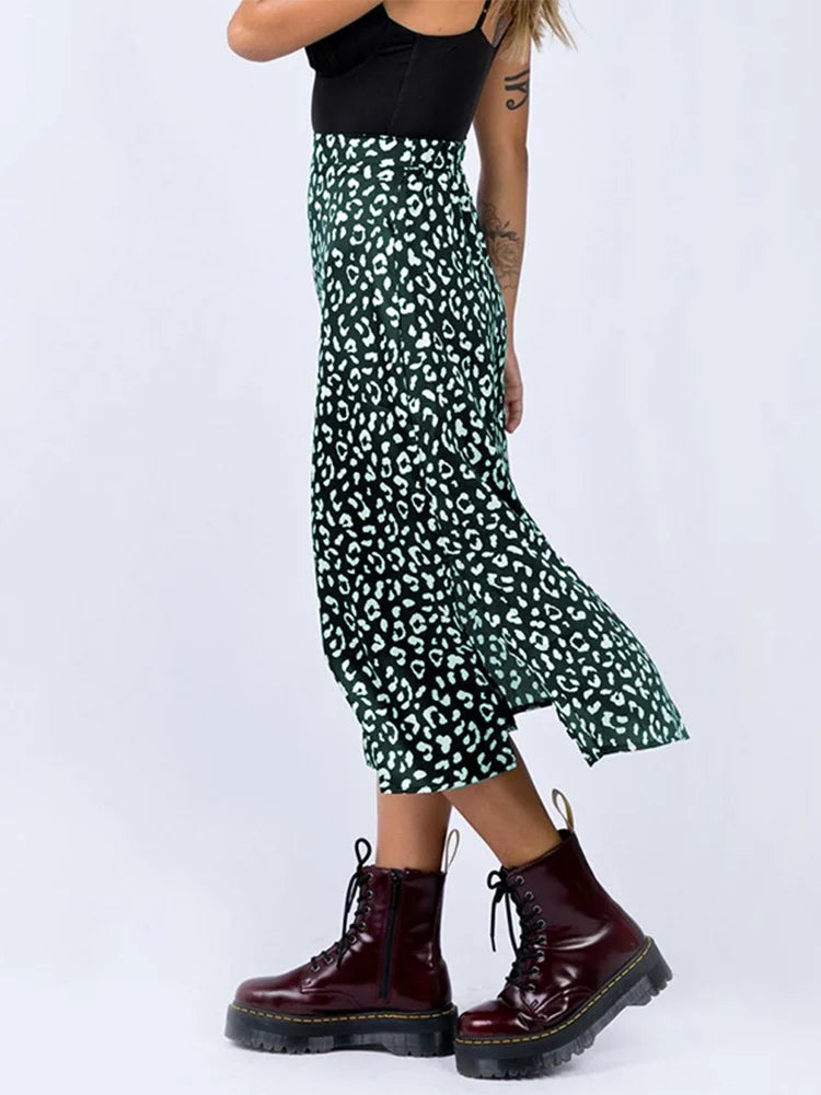 New Leopard Print Chiffon Split Skirt Long Skirts for Spring Summer Zip Female Skirt