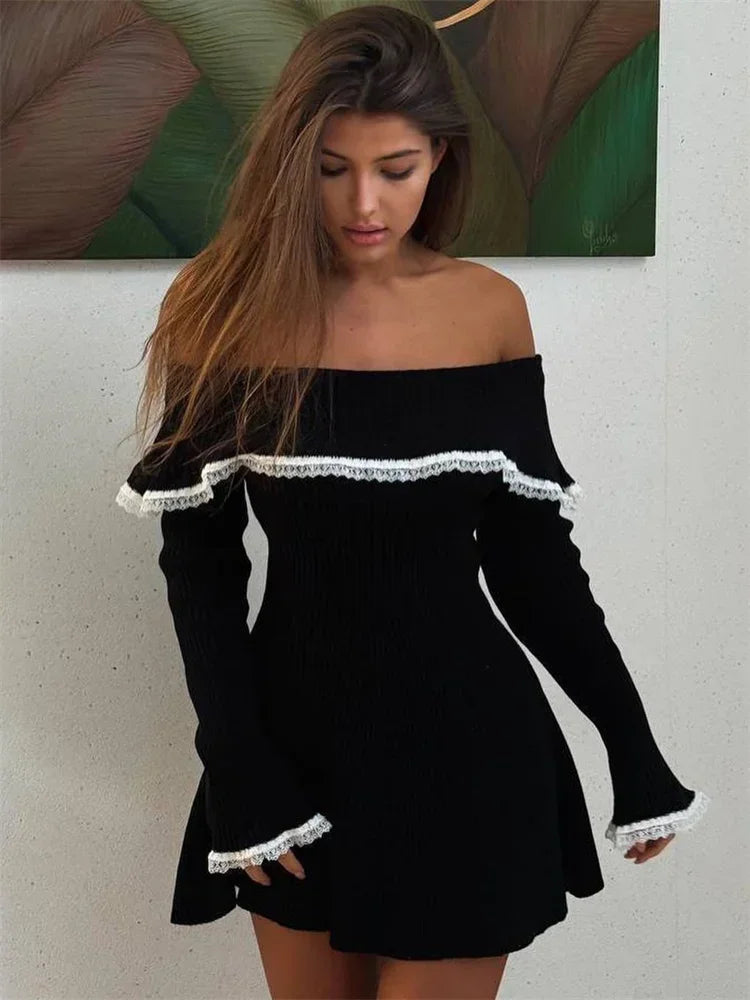 Knit Off-shoulder Sweater Mini Dress ’s Lace Patchwork Ribbed Slim Backless Party Dress Knitwear Mini Dress