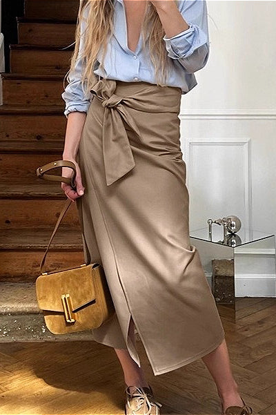 High-waist Self-tie Straight Midi Skirt