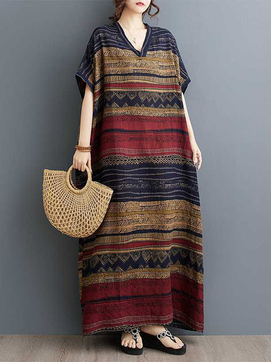 A-line Batwing Sleeves Split-joint Striped V-neck Maxi Dresses
