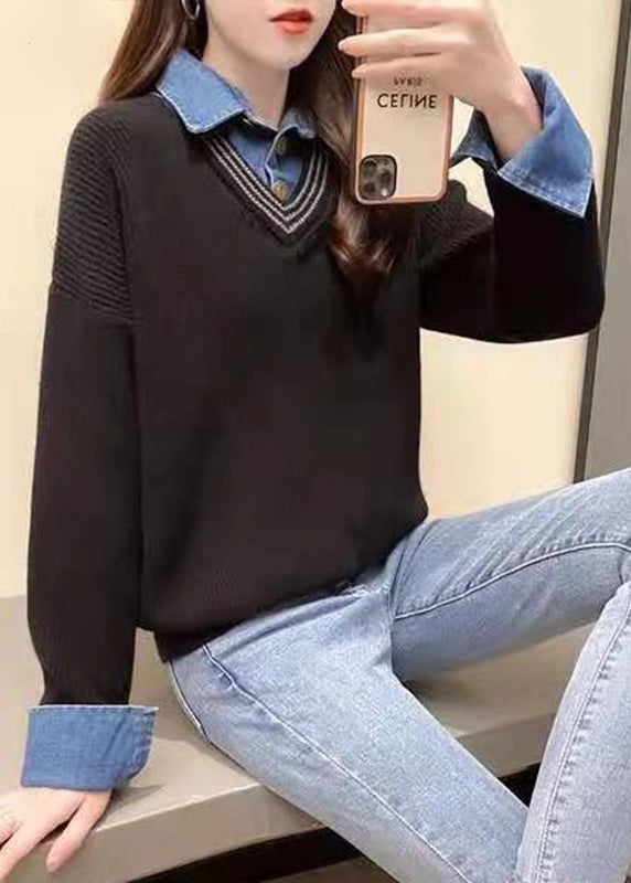 New Khaki False Two Pieces Patchwork Knit Sweaters Top Fall Qc050